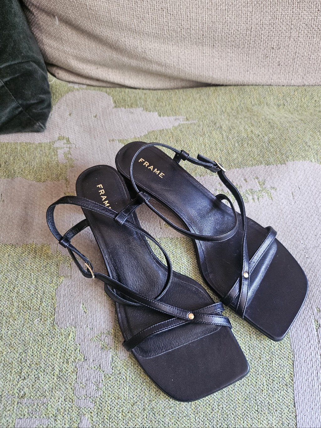 Frame Denim Black Strappy Square-Toe Slingback Sandals